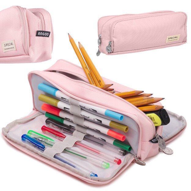 Mokyklinis pieštukinis dėklas trigubas maišelis tuštybės dėklas 3in1 rožinis