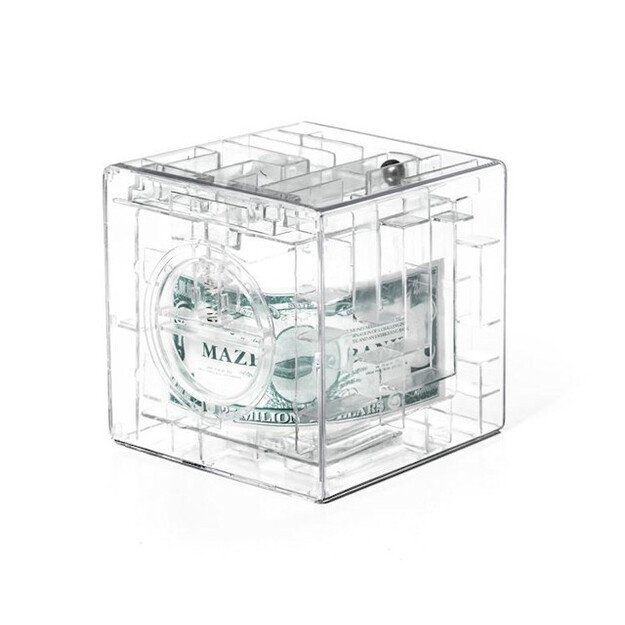 Pinigų dėžutė labirinto dėlionė skaidri 10cm