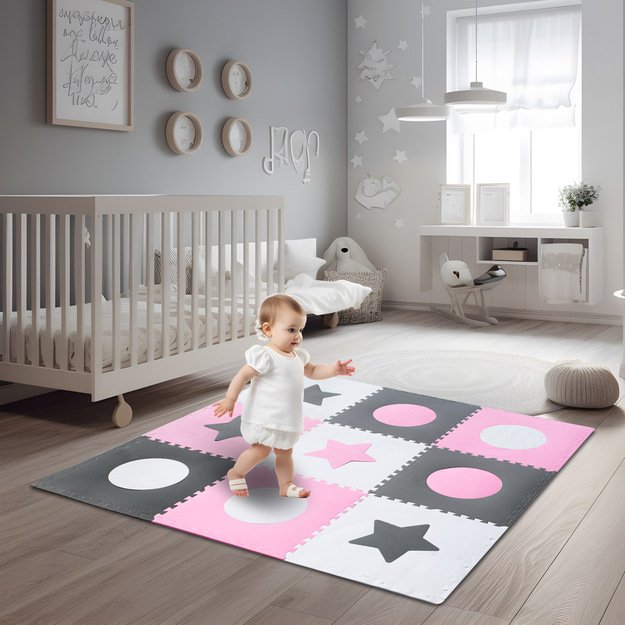 Putų dėlionės kilimėlis vaikams 180x180cm 9 dalių pilkai rožinės spalvos