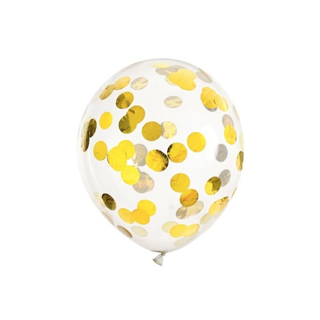 Skaidrūs balionai su konfeti aukso spalvos apskritimais 30cm 6 vnt.