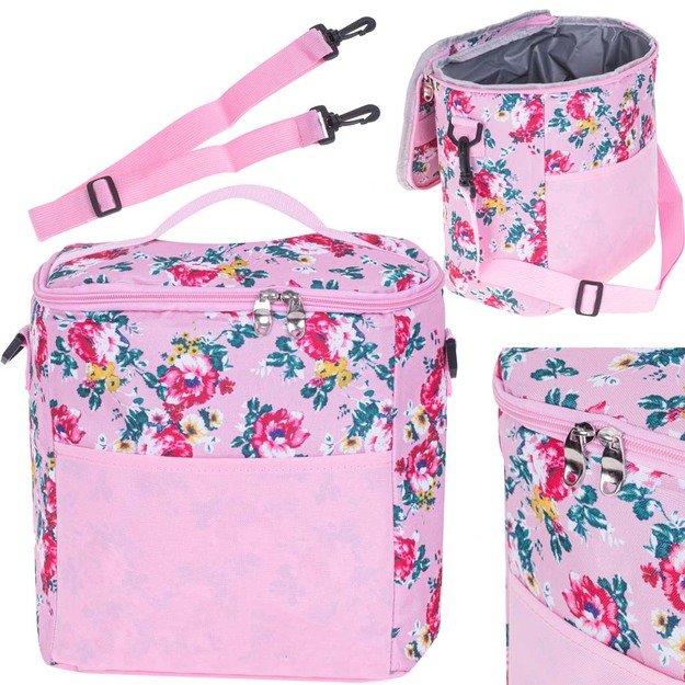 Termo krepšys pietums paplūdimio iškylai 11L rožinės spalvos su gėlėmis