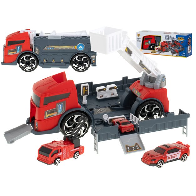 Transporterio sunkvežimis TIR 2in1 automobilių stovėjimo aikštelė, gaisrinė + 3 automobiliai raudona