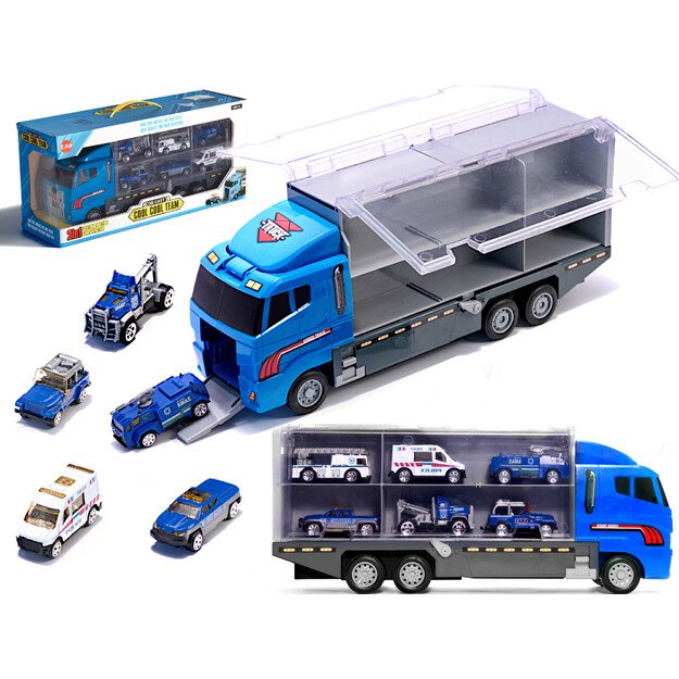 Transporterio sunkvežimis TIR paleidimo įrenginys + metaliniai policijos automobiliai
