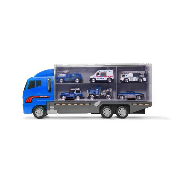 Transporterio sunkvežimis TIR paleidimo įrenginys + metaliniai policijos automobiliai