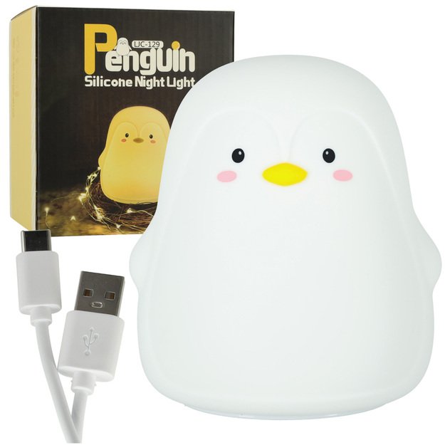 Vaikiška silikoninė LED naktinė šviesa balta pingvinas