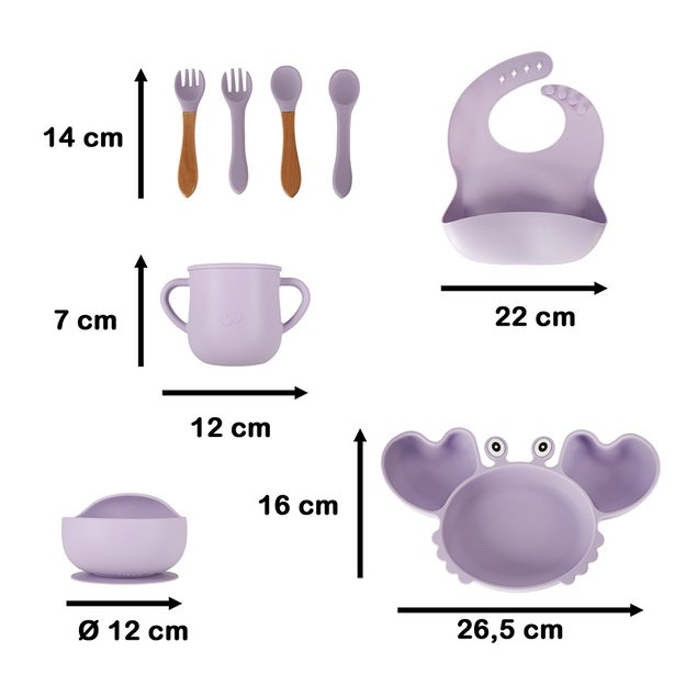 Vaikiški silikoniniai indai krabas, 9 vnt., violetinės spalvos