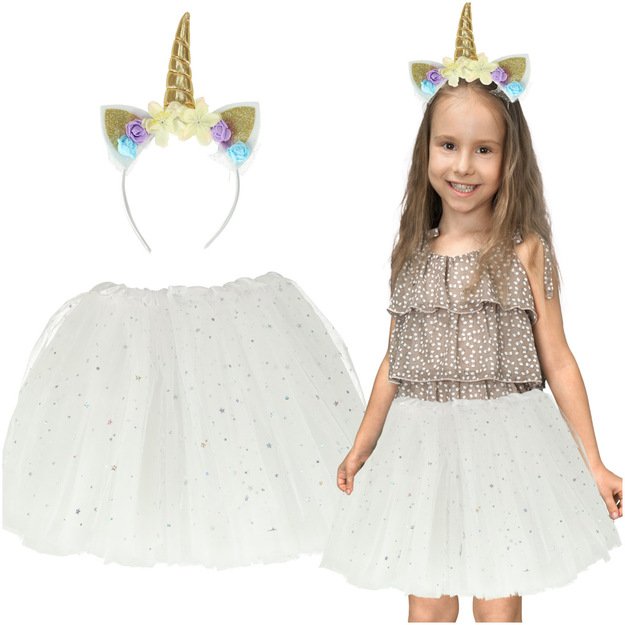 Vienaragio karnavalinis kostiumas galvos apdangalas + sijonas baltas 3-6 metų amžiaus